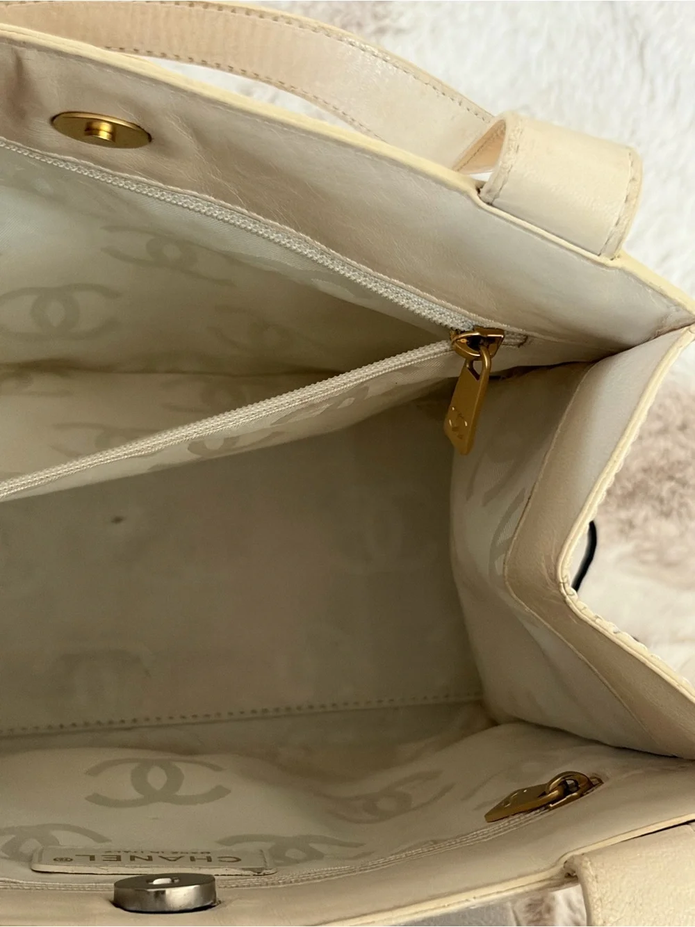 Chanel Small Beige Patent Leather Floral Perforated Tote
